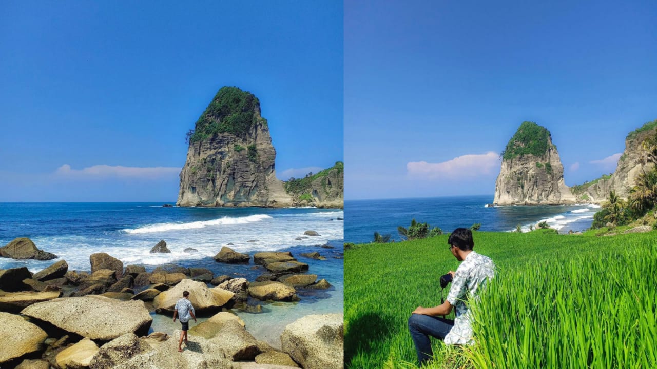 Pantai Pangasan Pacitan :  Perpaduan Birunya Air Laut Bertemu dengan Hijaunya Hamparan Sawah 