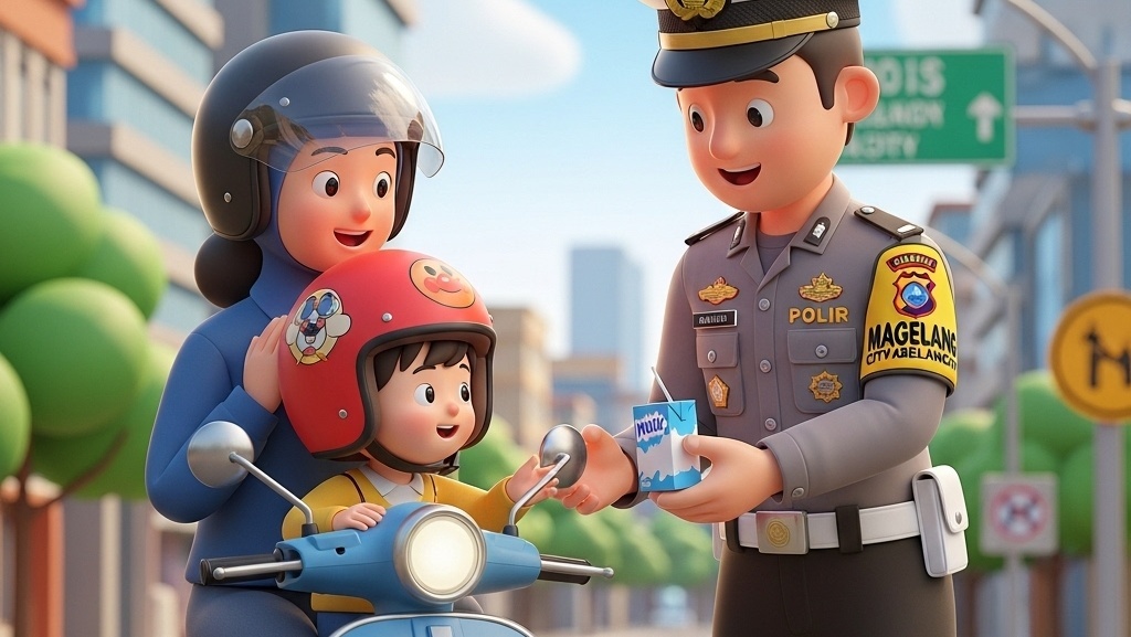 Satlantas Polres Magelang Kota Beri Susu Gratis Pada Anak yang Tertib Berlalu Lintas