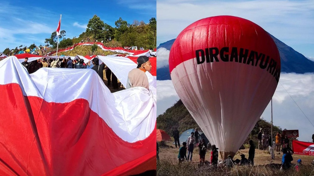 Bendera Merah Putih Terpanjang di Indonesia Dibentangkan Hingga Puncak Gunung Prau Dieng Wonosobo