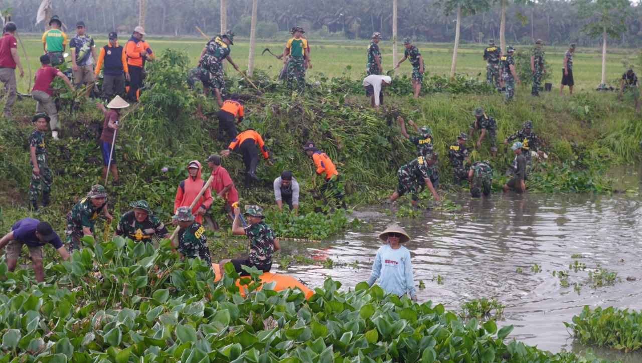 Karya Bakti Kodim 0708 Purworejo Bersihkan Aliran Sungai dari Enceng Gondok