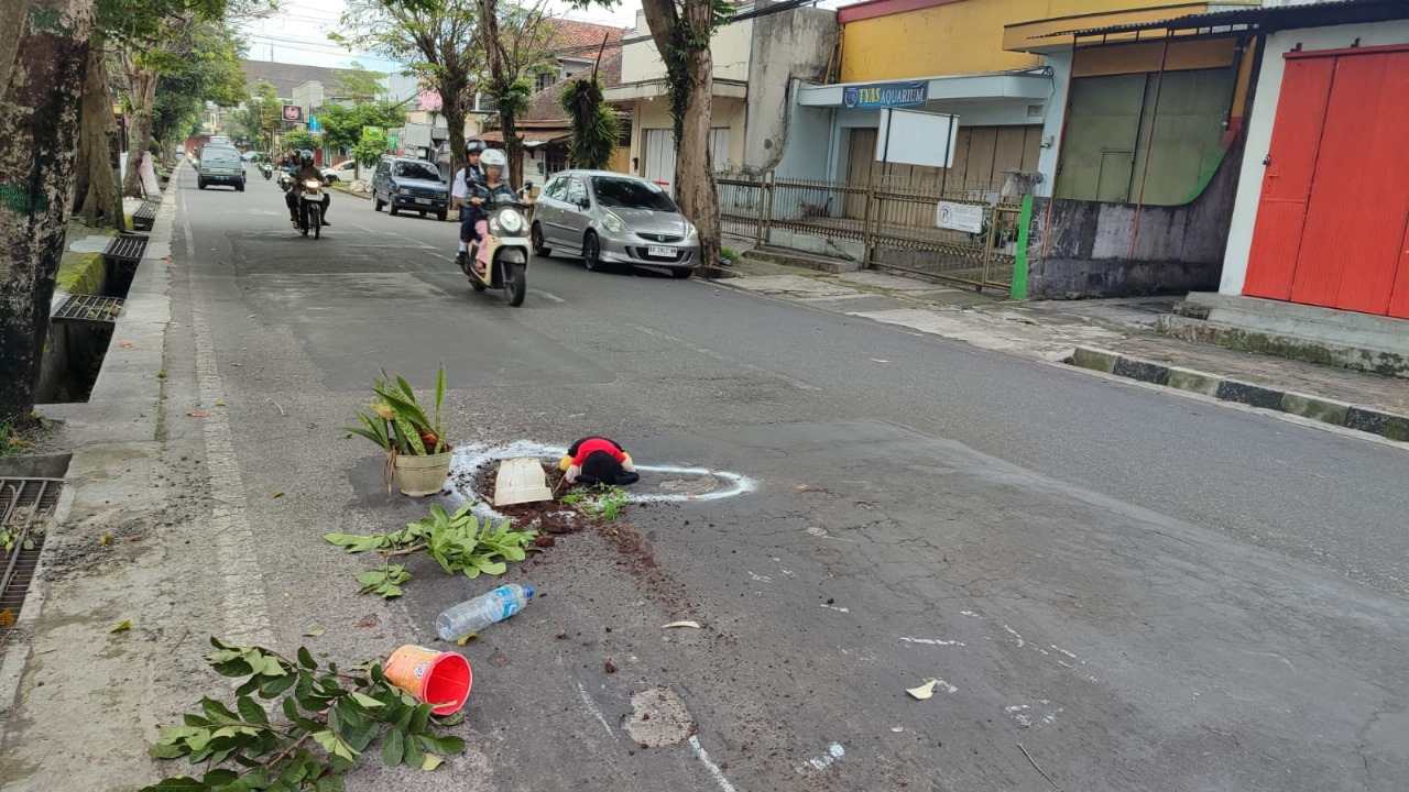 Warga Temanggung Tanam Pot Bunga di Jalan Berlubang, Tuntut Perbaikan Jalan Sri Suwarno