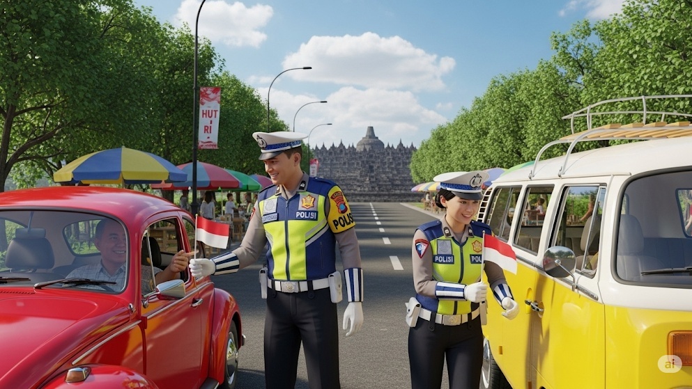 Jelang HUT RI, Satlantas Polresta Magelang Beri Bendera Merah Putih untuk Pengusaha VW 