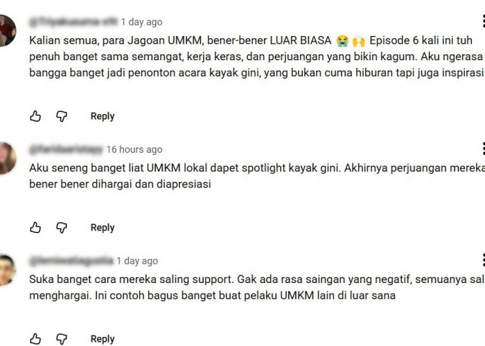 Komentar positif di YouTube dari para netizen terhadap kompetisi Shopee Jagoan UMKM