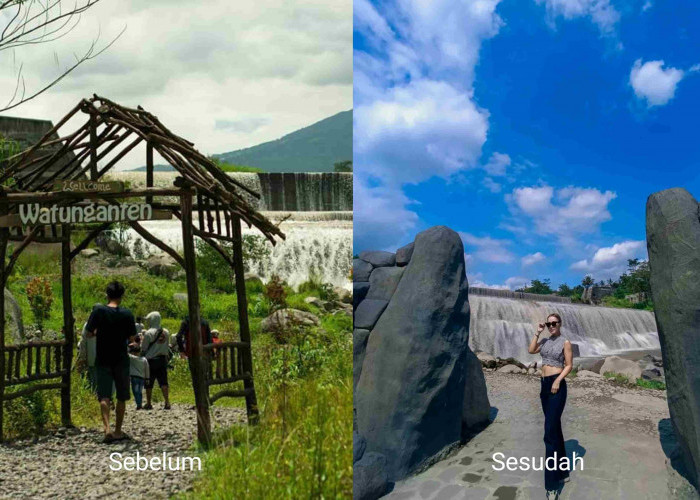 Foto kiri sebelum dan foto kanan sesudah Watu Nganten direkonstruksi menjadi wisata baru Magelang