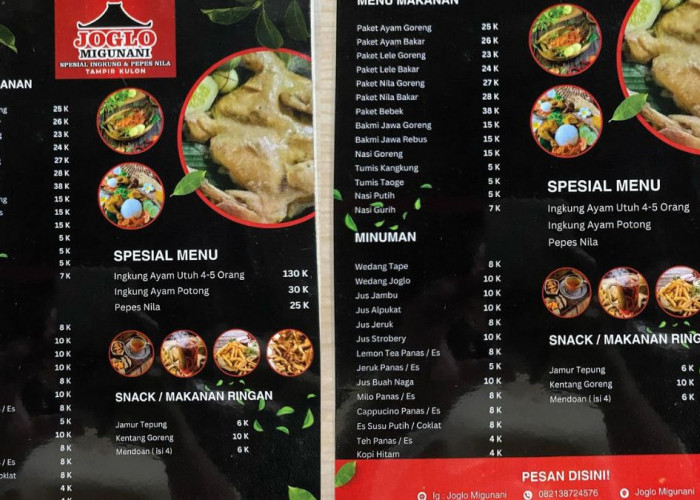 Daftar dan harga menu Joglo Migunani Magelang