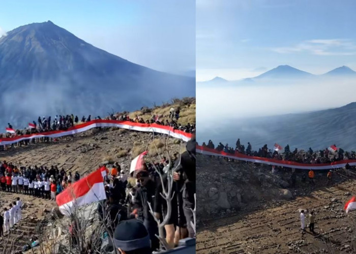 Bendera Merah Putih Sepanjang 80 Meter Berkibar di Puncak Gunung Sindoro