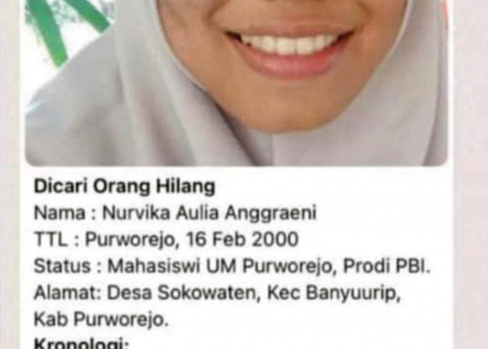 Menghilang Hampir Dua Pekan, Mahasiswi UMP Purworejo Akhirnya Ditemukan 