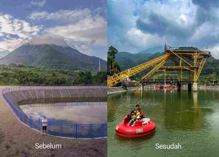 Foto kiri sebelum dan foto kanan sesudah Embung Sekembang direkonstruksi menjadi wisata baru Magelang